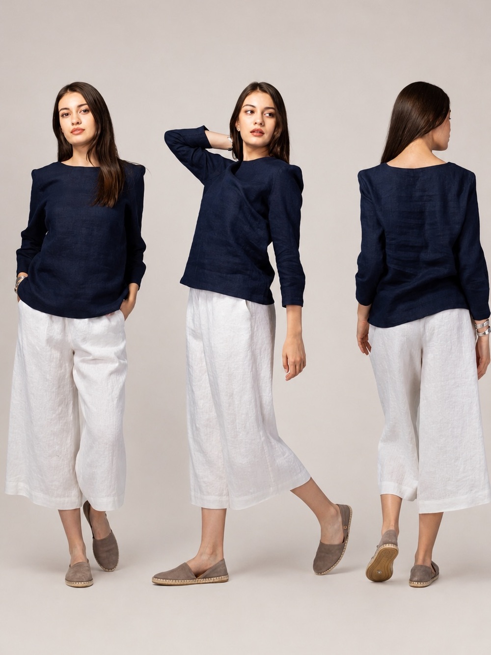 S.Oliver White Midi Linen Wide Leg Pants, elastic waistband Sz. 40 US L ( 12 )